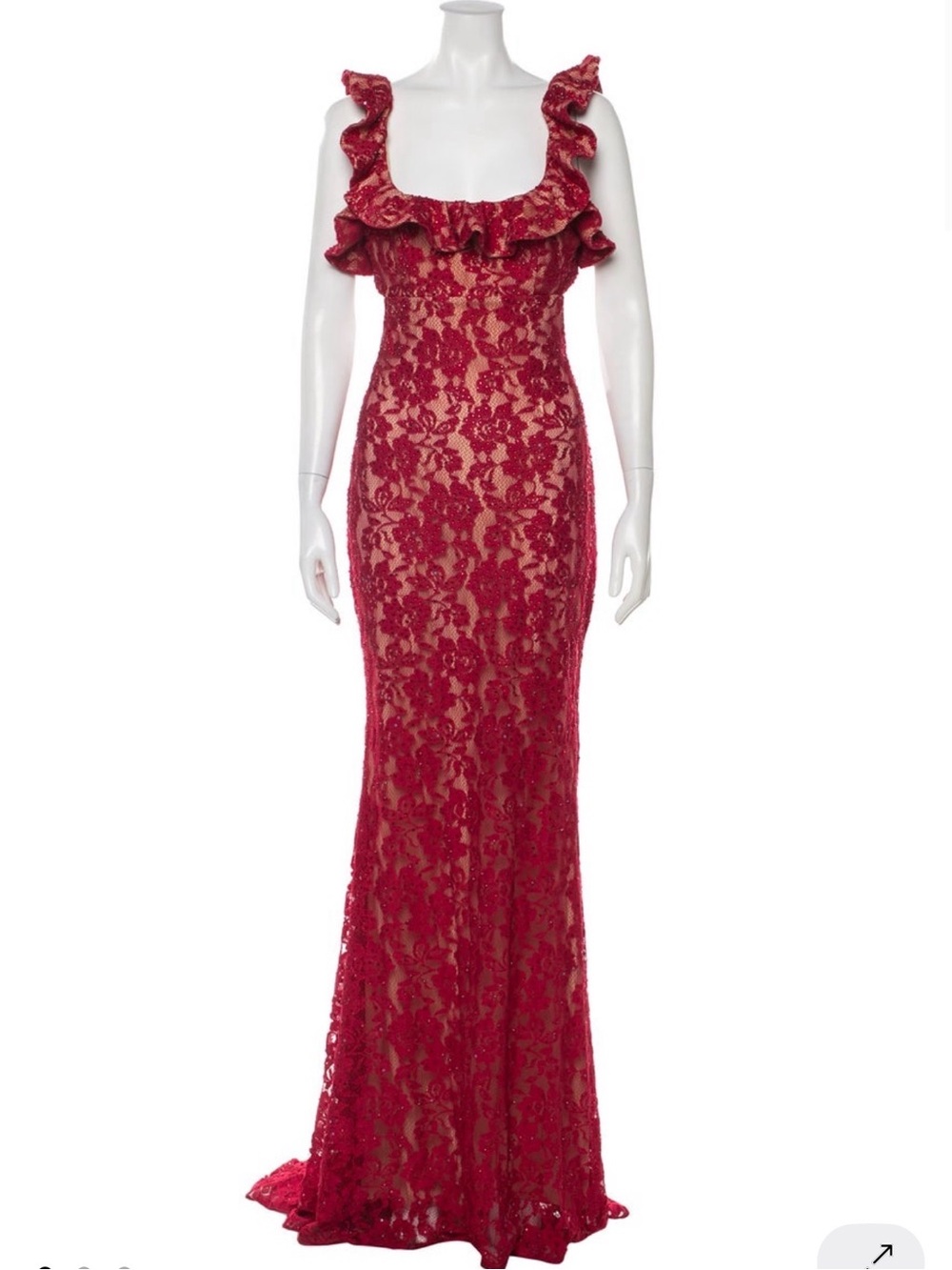 Jovani Red Lace Ruffled-Neck Maxi Gown